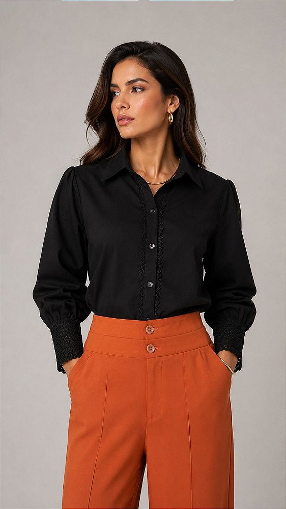 Camisa Feminina Punho Guipir Preta
