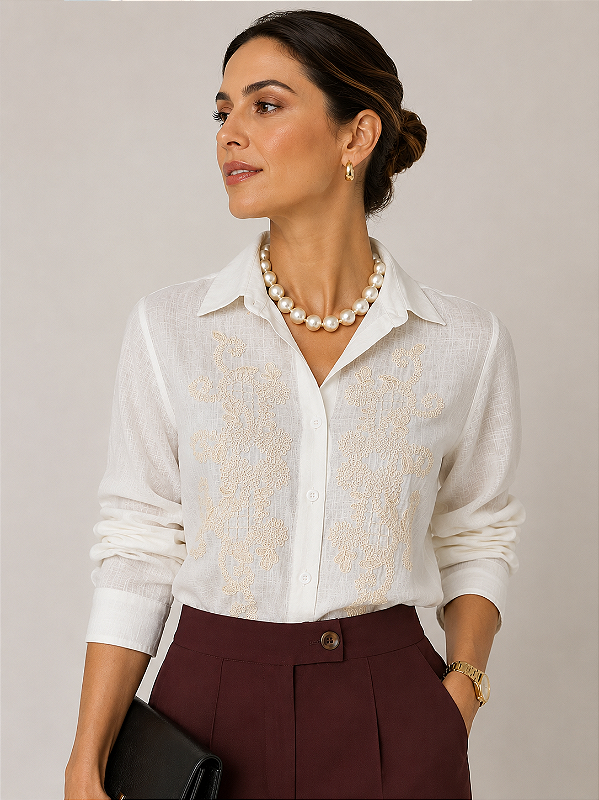 Camisa Social Bordada Feminina em Viscose