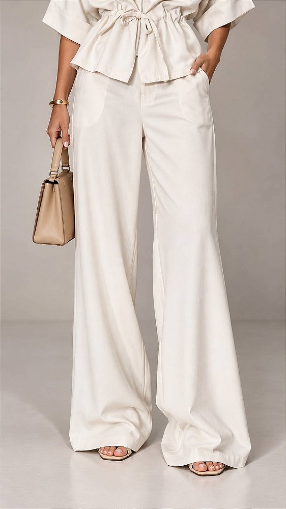 Calça Pantalona Marfim em Viscose