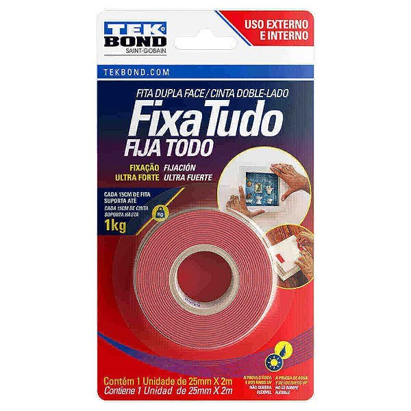 Fita Acrílica Fixa Tudo Dupla Face Externo Blister 25 Mm X 2m Tekbond