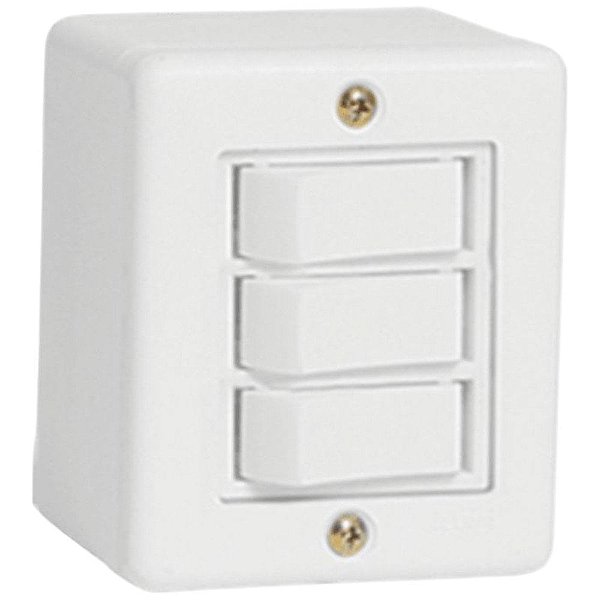 Conjunto Interruptor Triplo Simples De Sobrepor 6a 250v Box 6319 Branco Ilumi