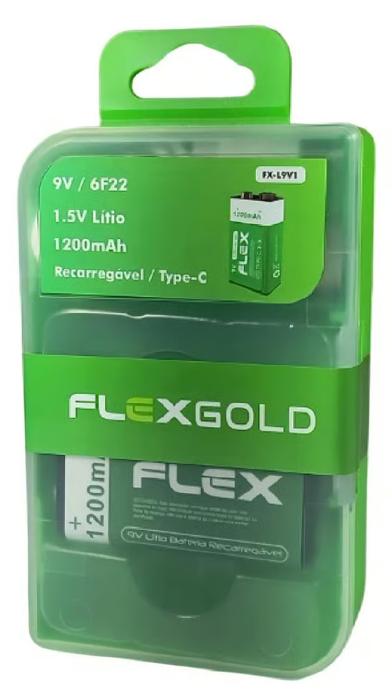 Bateria 9V Recarregável USB-C - Lítio 1200 MAH - Flex Gold - FX-L9V1