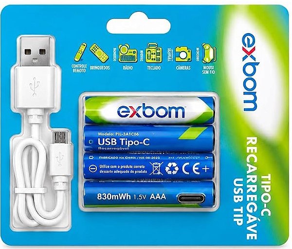 Pilha AAA de Lítio Recarregavel USB-C 830 mWh - Cartela c/ 4 - exbom