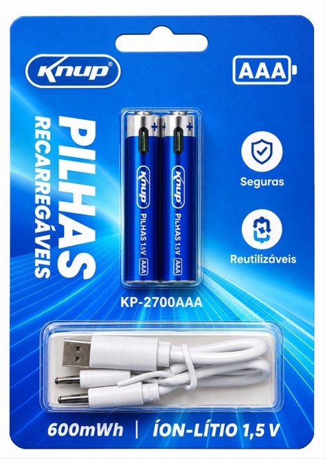 Pilhas AAA Recarregavel 1,5v 600 mWh - KP-2700AAA - USB-C - cartela c/ 2 Unidades