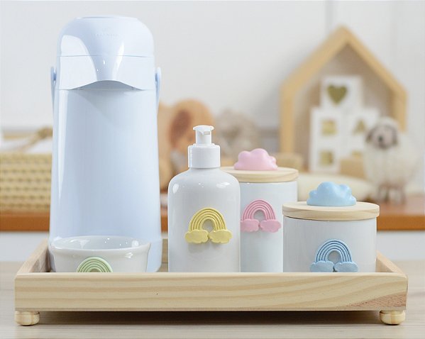 Kit Higiene Arco Íris Porcelanas Bebê Bandeja Pinus
