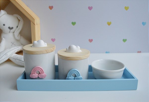 Kit Higiene Bebê Bandeja Porcelanas Arco Íris Nuvem Oferta