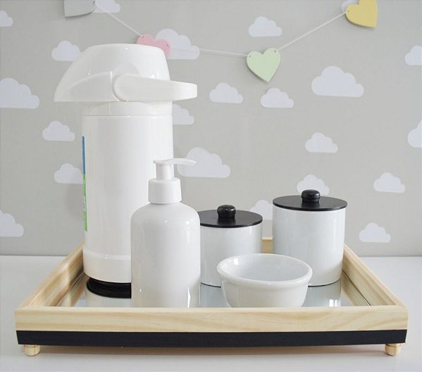 Kit Higiene Bebê Porcelana Madeira Pinus Preto +  Potes + Térmica