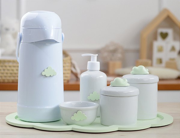 Kit Maternidade Bandeja Nuvem Verde Bebê Pote Decoração