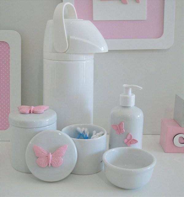 Kit Higiene Rosa Color Bebê Porcelana Potes Gel Térmica