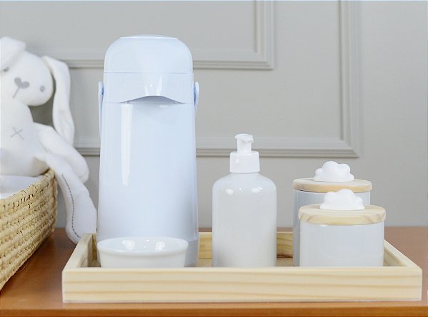 Kit Higiene Bebê Pote Porcelanas Bandeja Pinus Térmica Nuvem