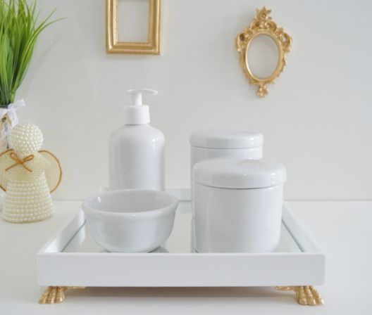 Kit Higiene Bebê Porcelana Unissex Dourado Branco Bancada