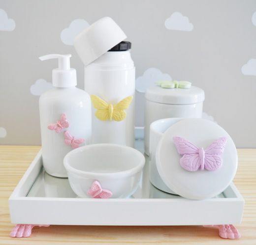 Kit Higiene Bebe Porcelana Borboletas Jardim + Térmica 250ml