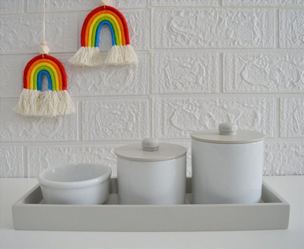 Kit Higiene Bebê Porcelana Tampa Bandeja Mdf Cinza Bancada