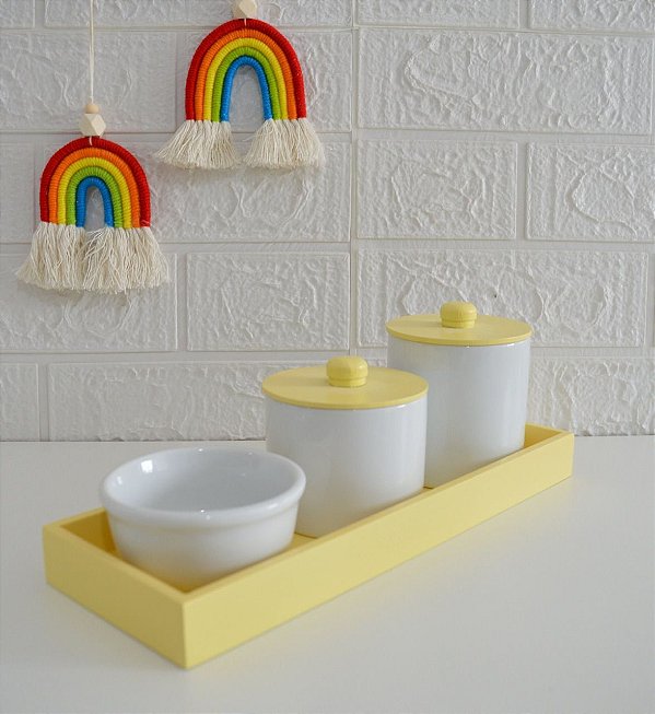 Kit Higiene Porcelana Bebê Maternidade + Bandeja - AMARELO