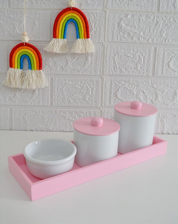 Kit Higiene Bebê Porcelana Menina Bandeja Rosa Retangular