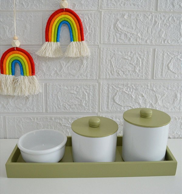 Kit Higiene Bebê Porcelana Verde Bandeja Safari Bancada