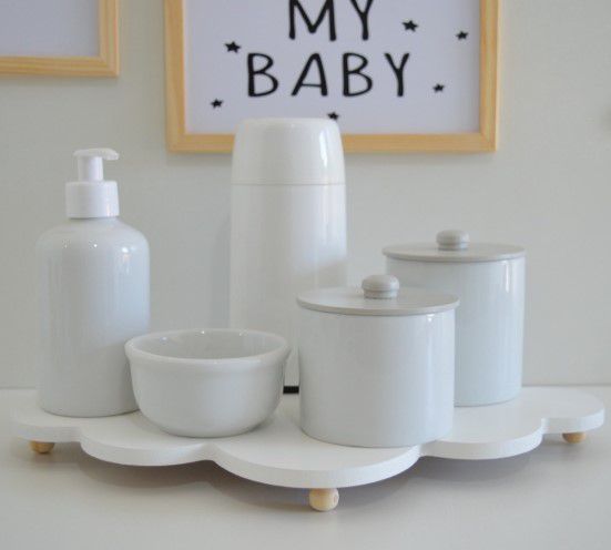 Kit Higiene Térmica 250ml Porcelana Bandeja Nuvem Branca 6pç