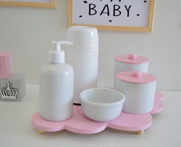 Kit Higiene Porcelana Bebê K085 Bandeja Nuvem Cinza 6pçs