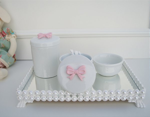 Kit Porcelana Higiene Rosa Bebe Bandeja Perola Promocional