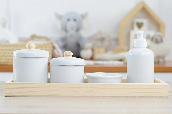 Kit Higiene Bandeja Madeira Pinus Montessoriano Porcelana G