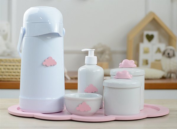 Kit Higiene Bandeja Nuvem Rosa Térmica 500ml Potes Gel Bebê