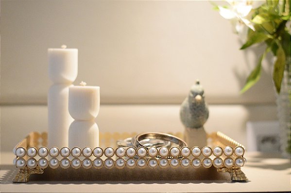 Bandeja Espelho Pérola Decora Elegante Fina Bar B088 Dourado