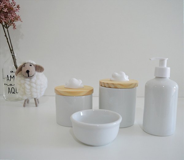 Kit Higiene Porcelana Bebê K154 Tampa Pinus Nuvem Branca