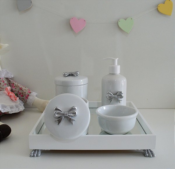 Kit Higiene Porcelana Maternidade Meninas Bebê Bancada Diversos Temas + Bandeja - Prata