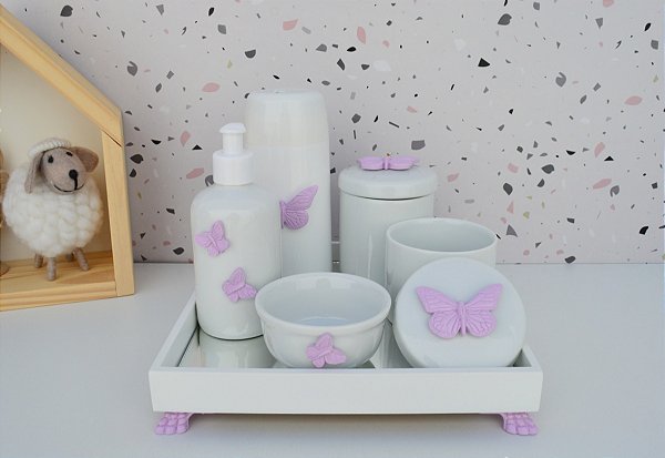 Kit Higiene Porcelana Bebê Maternidade Jardim Borboleta Lilas + Garrafa Térmica 250ml