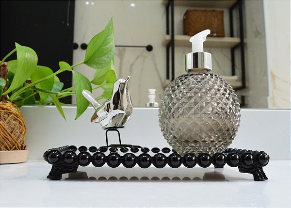 Bandeja Luxo Decoração Pérola Espelhada Preto Aparador Perfumes