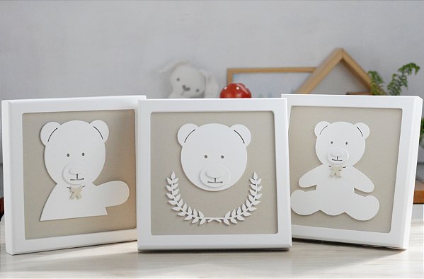 Kit 03 Quadros Enfeite Urso Menino Trio Quarto Bebê Decoração Parede