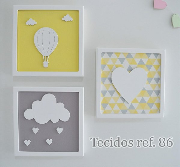 Kit 03 Quadros Bebe Parede Nuvem Amor Coracao Balão Menina Decoração