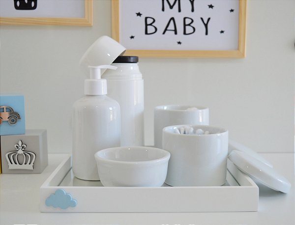 Kit Higiene Maternidade Porcelana Bebê Bancada Térmica Nuvem