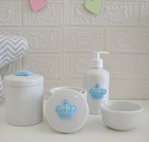 Kit Higiene Porcelana Bebê Maternidade Bancada Decoração Meninos - Azul Bebê