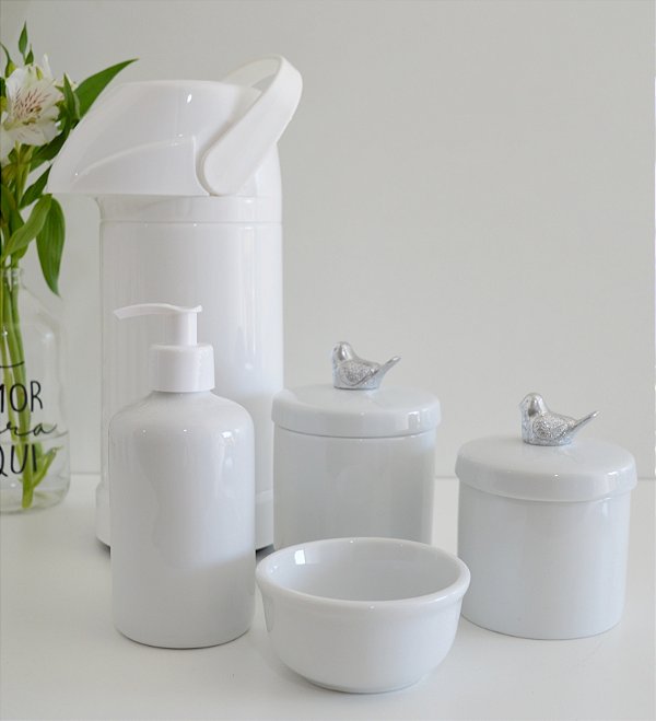 Kit Higiene Porcelana Bebê Maternidade Bancada Prata Temas Baby Decoração + Garrafa Térmica 500ml