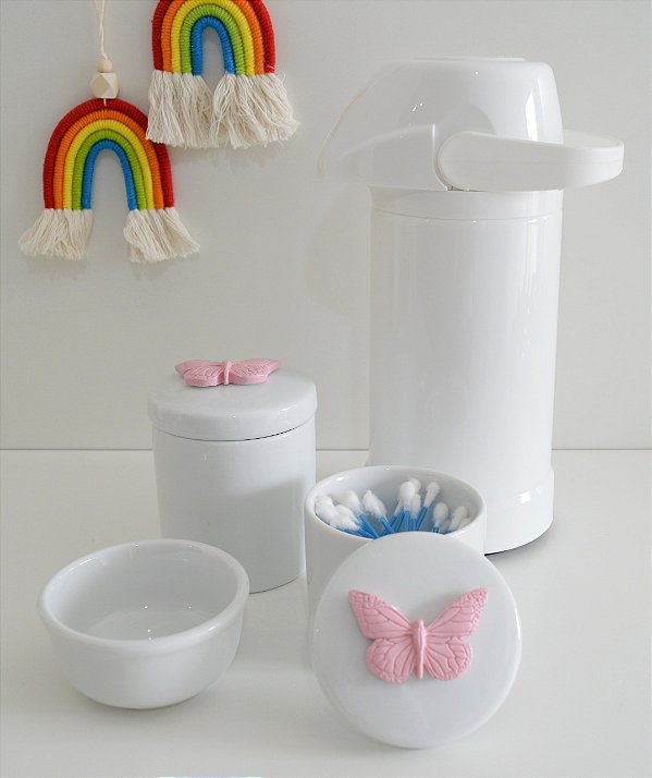 Kit Higiene Porcelana Bebê Maternidade Decoração Bancada Meninas Temas + Garrafa Térmica 500ml