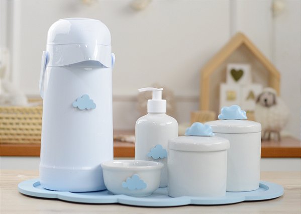 Kit Higiene Bandeja Nuvem Azul Térmica 500ml Potes Gel Bebê