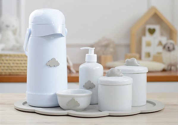 Kit Higiene Bandeja Nuvem Cinza Térmica 500ml Potes Gel Bebê