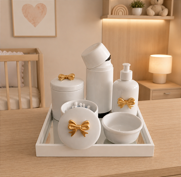Kit Higiene Porcelana Bebê Térmica Bandeja Banho Laço
