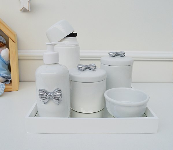 Kit Higiene Porcelana Bebê Térmica Bandeja Banho Laço