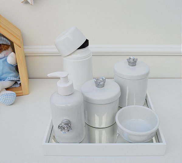 Kit Higiene Porcelana Bebê Térmica Bandeja Banho Flor