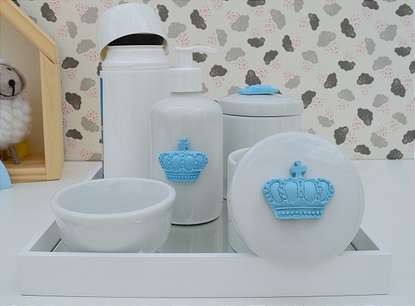 Kit Higiene Porcelana Bebê Térmica Bandeja Banho Coroa