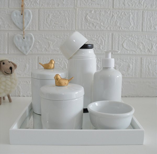Kit Higiene Porcelana Bebê Térmica Bandeja Pássaro