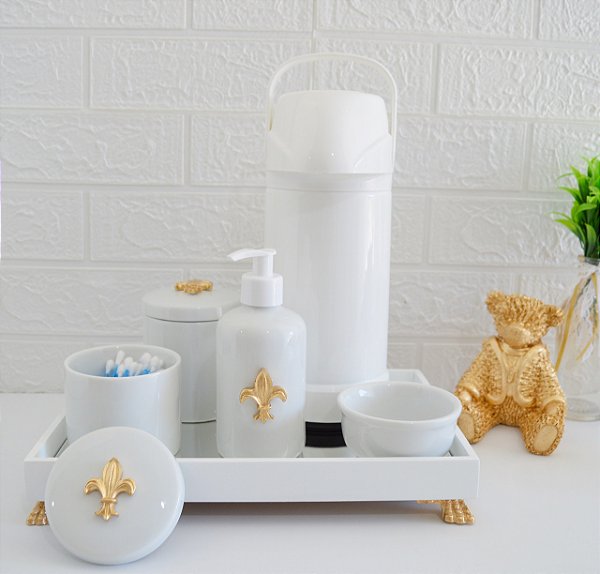 Kit Higiene Bebê Porcelana Térmica Bandeja Flor de Liz