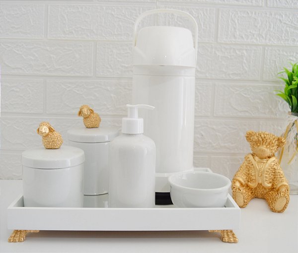 Kit Higiene Bebê Porcelana Térmica Bandeja Banho Ovelha