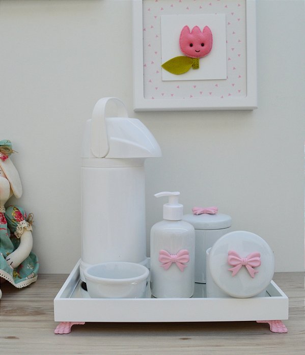 Kit Higiene Bebê Porcelana Térmica Bandeja Banho Laço