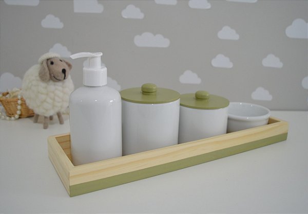 Kit Higiene Bebê Porcelana Pinus Montessoriano Banho Bancada Decoração