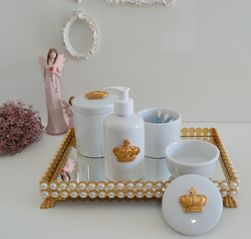 Kit Higiene Porcelana Bebe Pote Gel Bandeja Perola Cotonete