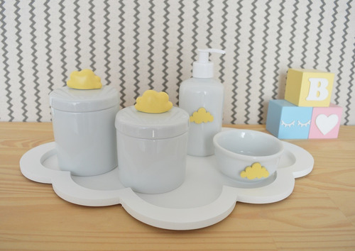 Kit Higiene Bandeja Nuvem Porcelana Rosa Azul Cinza Verde