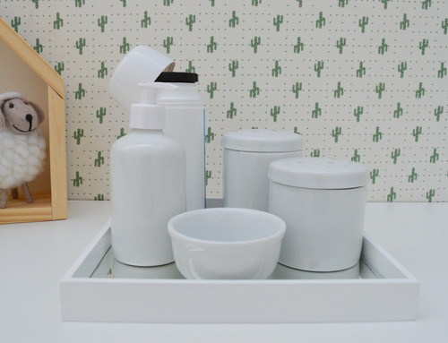 Kit Higiene Bebê Banho K065 Branco Completo Moderno Potes